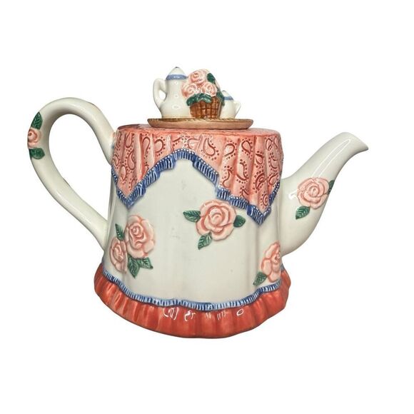 Vintage Fitz and Floyd Teapot 34 oz Pink 3D Blushing Roses Floral Leaves FF 1988 - Picture 5 of 7
